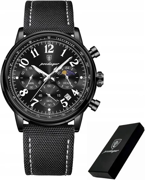 Czarny Zegarek Męski Poedagar Chronograf Pudełko Wskaźnik Dzień Noc Data