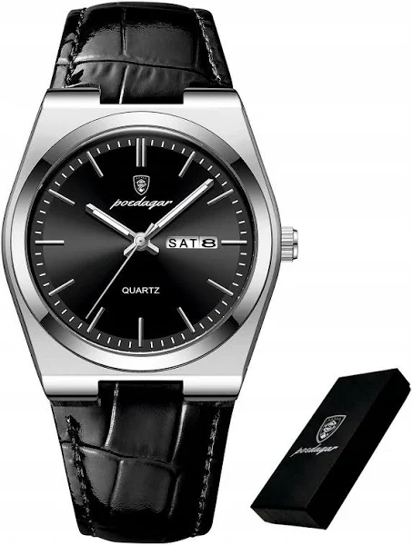 Zegarek Srerbny Męski Na Skórzanym Czarnym Pasku Poedagar Data