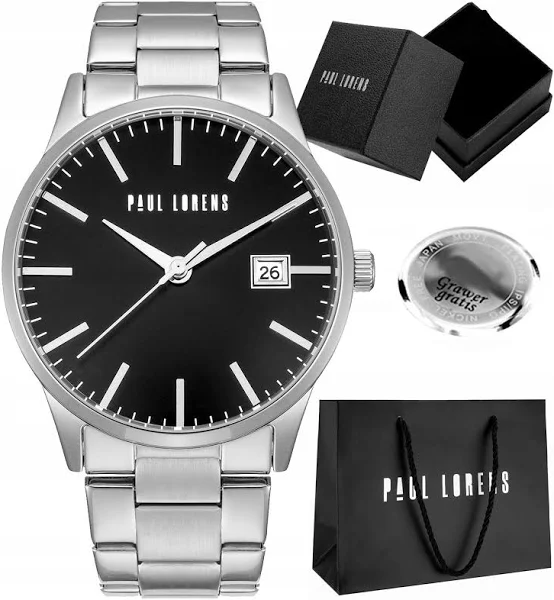 Klasyczny zegarek męski Paul Lorens Pablo stalowy z datownikiem Grawer