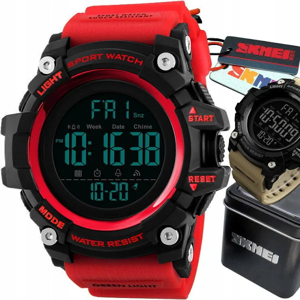 MODNY WOJSKOWY ZEGAREK MĘSKI SKMEI WODOODPORNY MOCNY DUŻY EKRAN CZERWONY