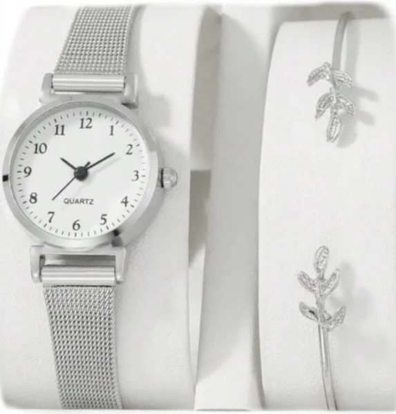 Zegarek damski srebrna bransoleta wąska Biała tarcza + Bransoletka