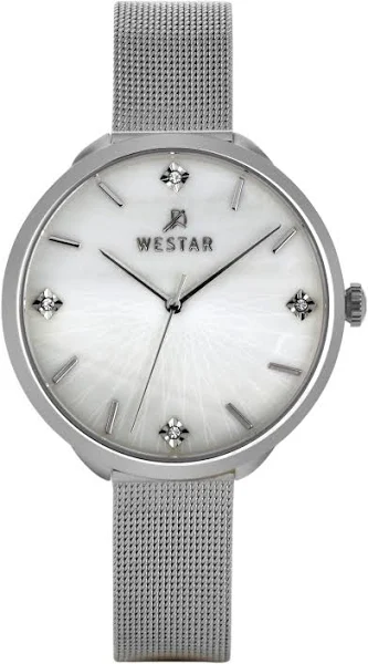 Westar Zing kryształowe akcenty siatka ze stali nierdzewnej biała tarcza z masy perłowej kwarcowy 00128STN11 damski zegarek