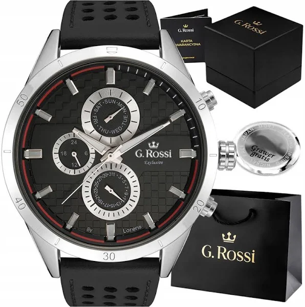 Duży zegarek męski G. Rossi Exclusive Datowniki Czas Dobowy skórzany Grawer