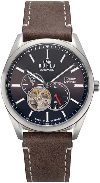UMR Ruhla 80302 Titan Automatic Watch Open Heart Leather Band Braun 42 MM