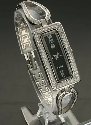 Zegarek Damski Srebrny Biżuteryjny z Czarną Prostokątną Czarną