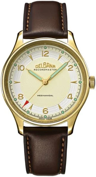 Złoty zegarek męski Delbana Watches ze skórzanym paskiem Recordmaster Mechanical Gold 40MM