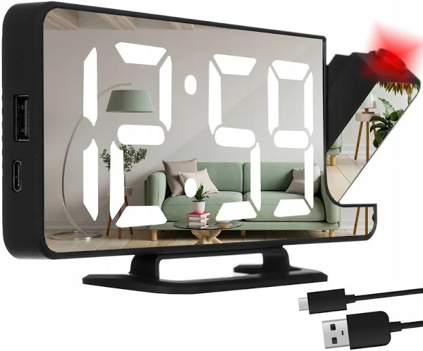 Budzik Zegar Cyfrowy Zegarek Projektor Led Lustro