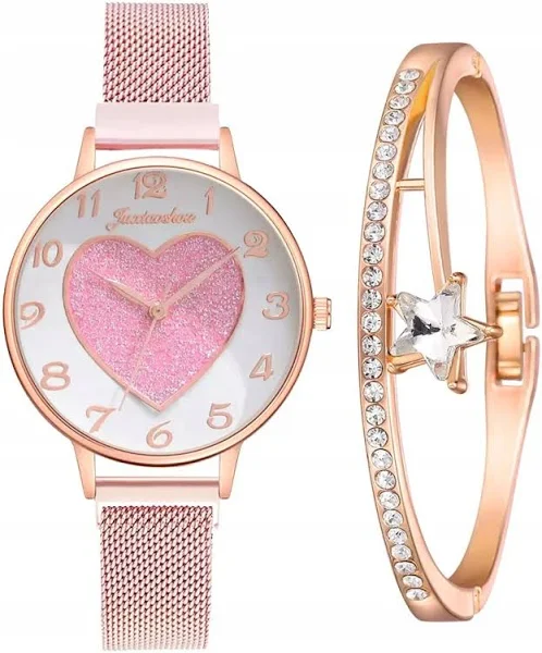 W2 zestaw Zegarek Damski kwadrat Bransoletka serce