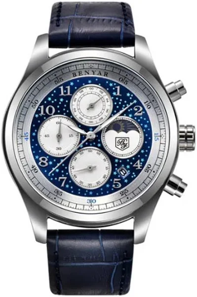 Zegarek męski Benyar pasek skóra datownik niebieski chronograf