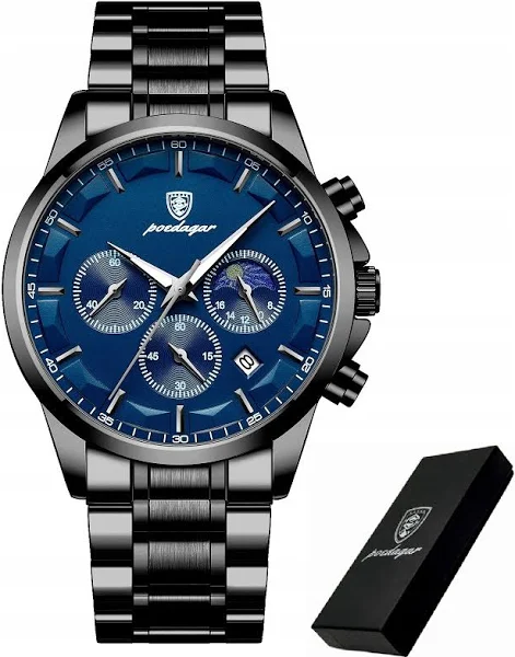 Czarny Zegarek Męski Na Bransolecie Poedagar Chronograf Pudełko Datownik