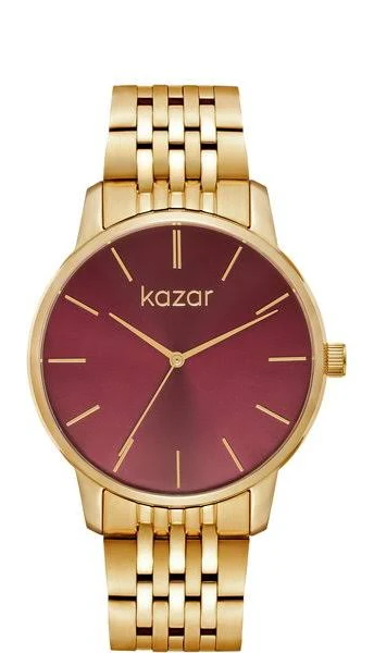 Złoty zegarek z bordową tarczą