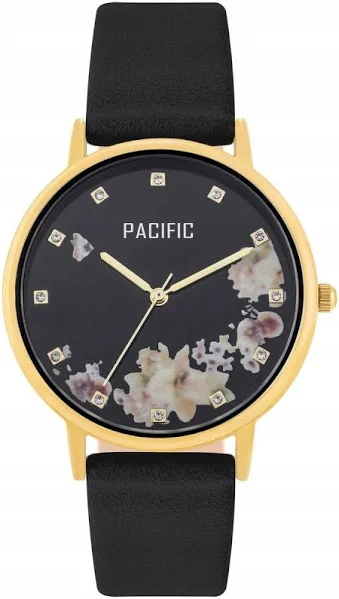 PACIFIC Złoty damski zegarek z kwiatami i kryształkami