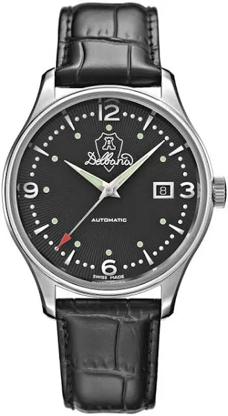 Męski srebrny zegarek Delbana Watches ze skórzanym paskiem Della Balda Black Black 40MM Automatic