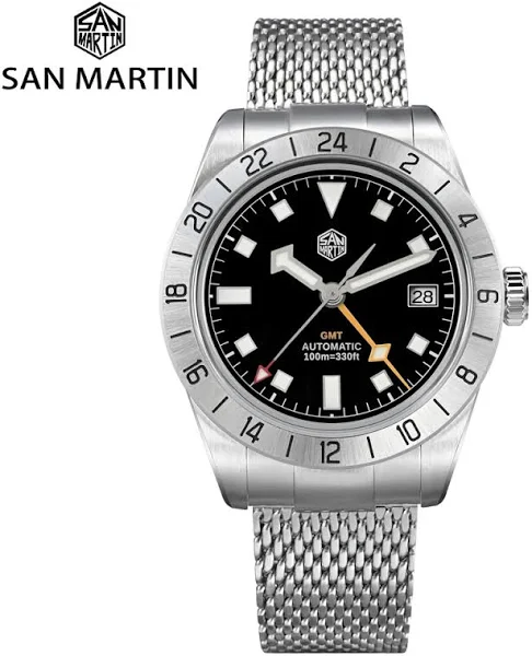 San Martin nowy 39mm zegarek GMT luksusowe zegarki sportowe NH34 automatyczna mechaniczna siatka