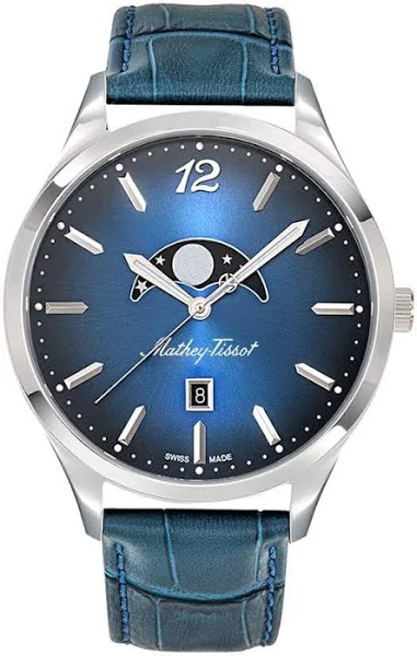 Mathey-Tissot Urban Moon skórzany pasek niebieska tarcza kwarcowy zegarek męski H411LABU