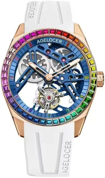 Złoty zegarek męski Agelocer Watches z gumowym paskiem Tourbillon Rainbow Series White 42MM