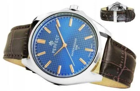 Męski Zegarek Na Brązowym Skórzanym Pasku Niebieska Tarcza