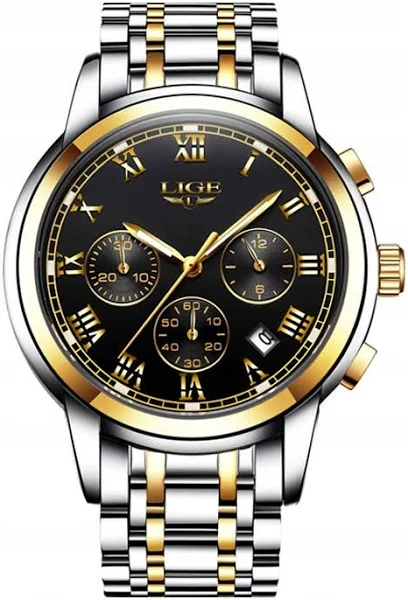 Zegarek męski Lige bransoleta srebrny złoty chronograf datownik