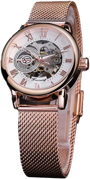 Forsining Damski automatyczny zegarek mechaniczny luksusowy szkielet złota tarcza pasek z siatki ze stali nierdzewnej cyfry rzymskie zegarek