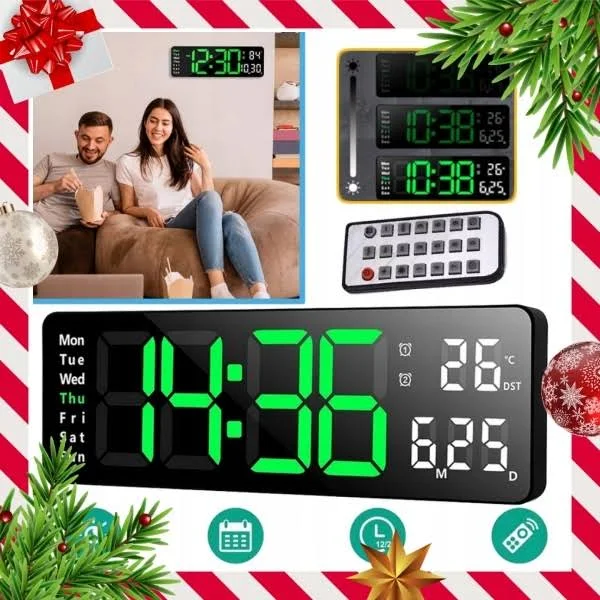 Zegar Ścienny Duży Elektroniczny Cyfrowy Nowoczesny Led Temperatura Data