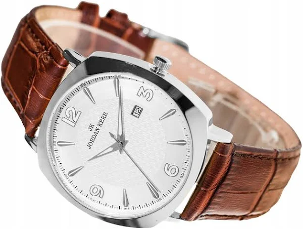 Męski Zegarek Jordan Kerr z Zaokrągloną Kopertą - Klasyczna Tarcza z Datownikiem - Skórzany Tłoczony Pasek
