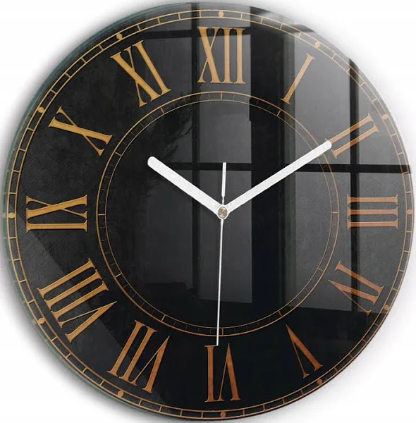 Cichy zegar ze szkła ze Starymi Cyframi Rzymskimi białe wskazówki fi 30 cm