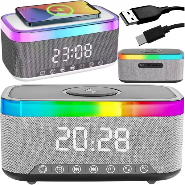 Budzik Elektroniczny Led Zegar Cyfrowy Z Ładowarką Indukcyjną Głośnik Bt