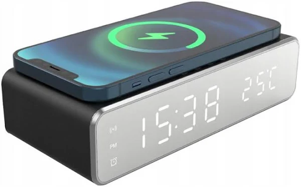 Bezprzewodowa Ładowarka Zegar Budzik Czarny