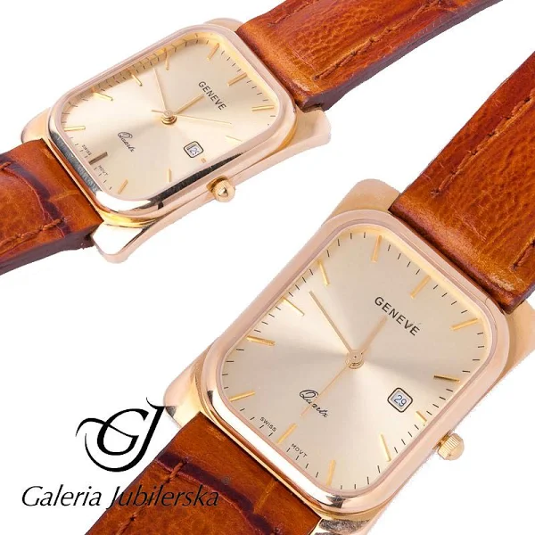 Zegarek złoty Geneve na brązowym pasku grawer