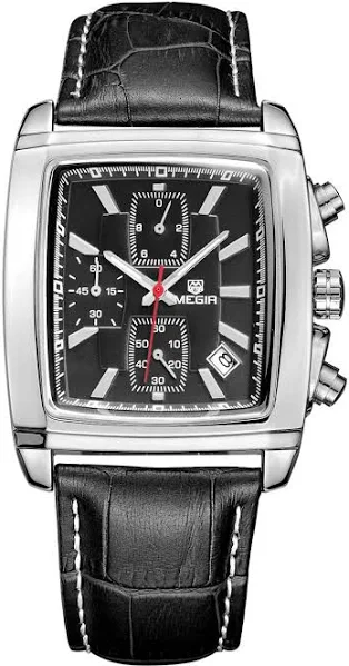 Megir Prostokątna tarcza Skórzany pasek Zegarek dla mężczyzn Casual Niebieski chronograf Zegarki