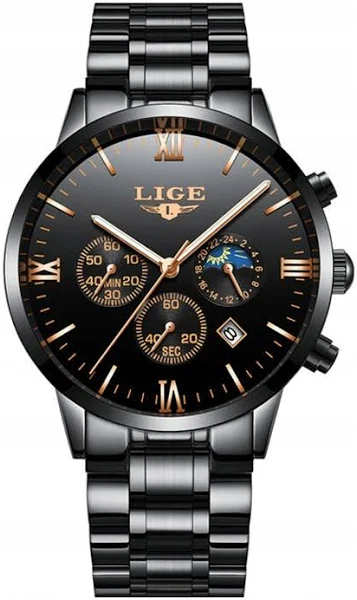 Zegarek męski Lige bransoleta czarny chronograf datownik