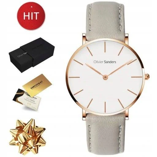 Skórzany Zegarek Damski Na Pasku Szary Złoty Grawer Dla Żony Mamy