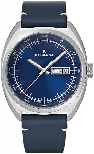 Męski srebrny zegarek Delbana Watches ze skórzanym paskiem Locarno Silver / Blue 41,5MM