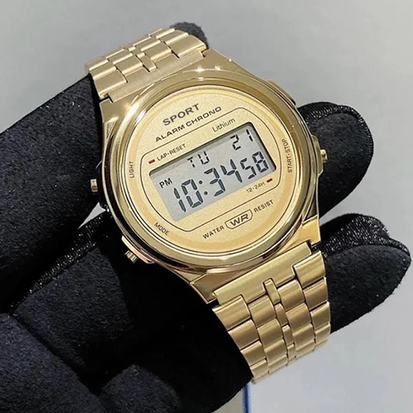 F91W męski zegarek ze stali nierdzewnej LED luksusowy pasek wodoodporne cyfrowe sportowe wojskowe