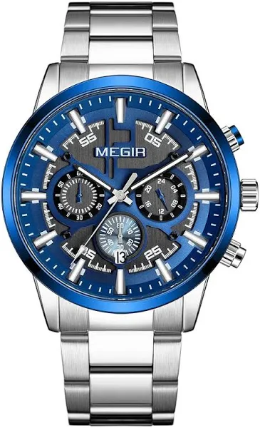 MEGIR srebrny niebieski zegarek kwarcowy ze stali nierdzewnej dla mężczyzn moda chronograf analogowy