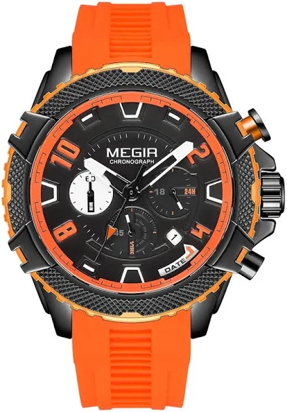 MEGIR Modny zegarek dla mężczyzn Pomarańczowy pasek silikonowy Sportowy chronograf kwarcowy zegarek na rękę z datą 24-godzinny wyświetlacz 3atm