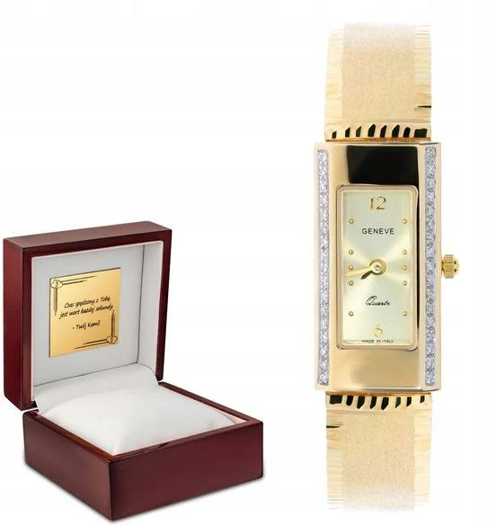 Złoty Zegarek 585 Z Diamentami Prostokątny Grawer Na Kopercie