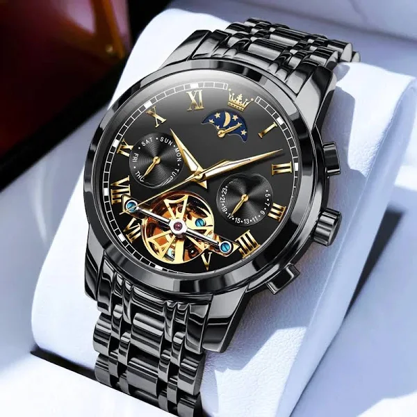 OLEVS automatyczny zegarek mechaniczny dla mężczyzn szkielet z kołem zamachowym ze stali nierdzewnej