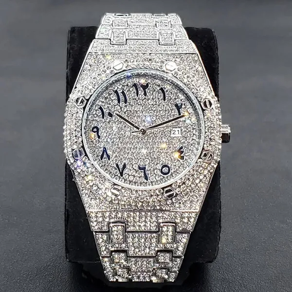 Luksusowy diamentowy zegarek dla mężczyzn Moda Srebrne zegarki ze stali nierdzewnej Hip Hop Bling