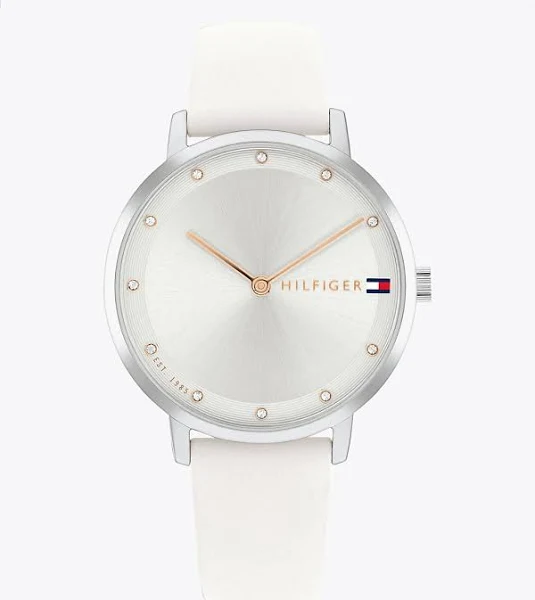 Tommy Hilfiger Srebrno-biały zegarek ze skórzanym paskiem
