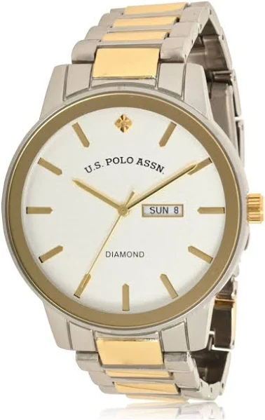 USA. Polo Assn. Męski dwukolorowy zegarek bransoletkowy z diamentowym akcentem