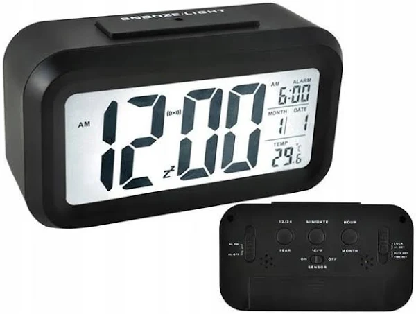 Podświetlany budzik z termometrem + kalendarz 3xAAA