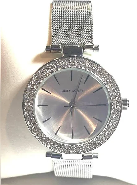 Nowy Laura Ashley Zegarek Damski Srebrny Tbar Kryształowa Ramka Siatka