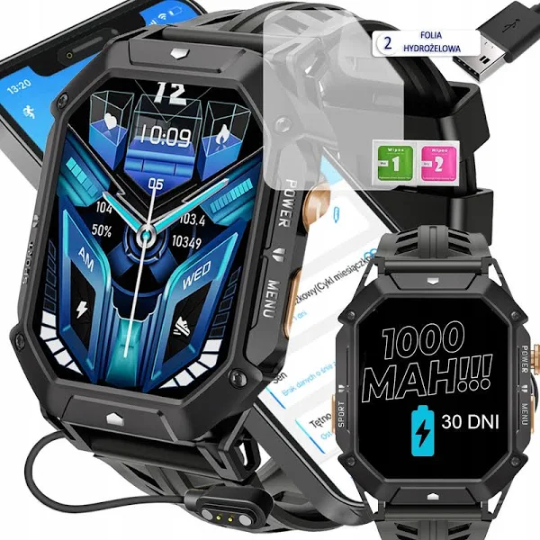 Czarny smartwatch Rubicon Bateria 1000 mAh Do 30 Dni Rozmowy Puls Kompas