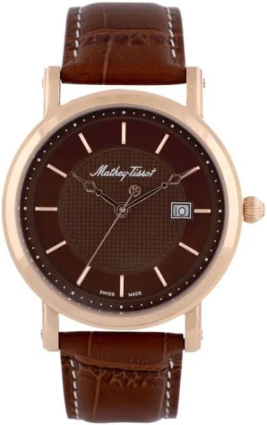 Męski zegarek Mathey-Tissot City ze skórzanym paskiem i brązową tarczą Kwarcowy HB611251PM