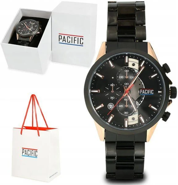 Zegarek męski bransoleta czarna Pacific zestaw
