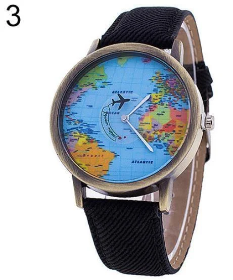 Western Cool Men Damska mapa świata Dial Denim Fabric Strap Analog Quartz Students Wrist Watch