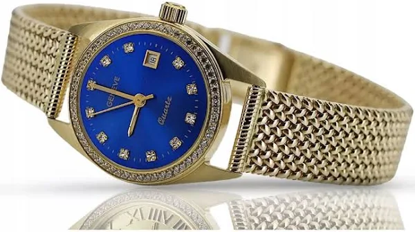 Złoty 14k 585 zegarek damski z bransoletą lw078ydblz&lbw003y niebieska