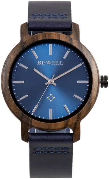 Zegarek drewniany BEWELL ZS-W170AL czarny orzech z skórzanym paskiem granat