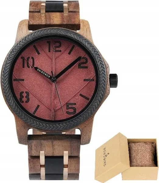 Zegarek Męski Na Bransolecie Drewniany Bobo Bird T155-5 Liść Na Tarczy